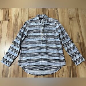 Ellen Tracy Womens Small Top 100% Linen Blue White Stripe Popover Coastal Boho